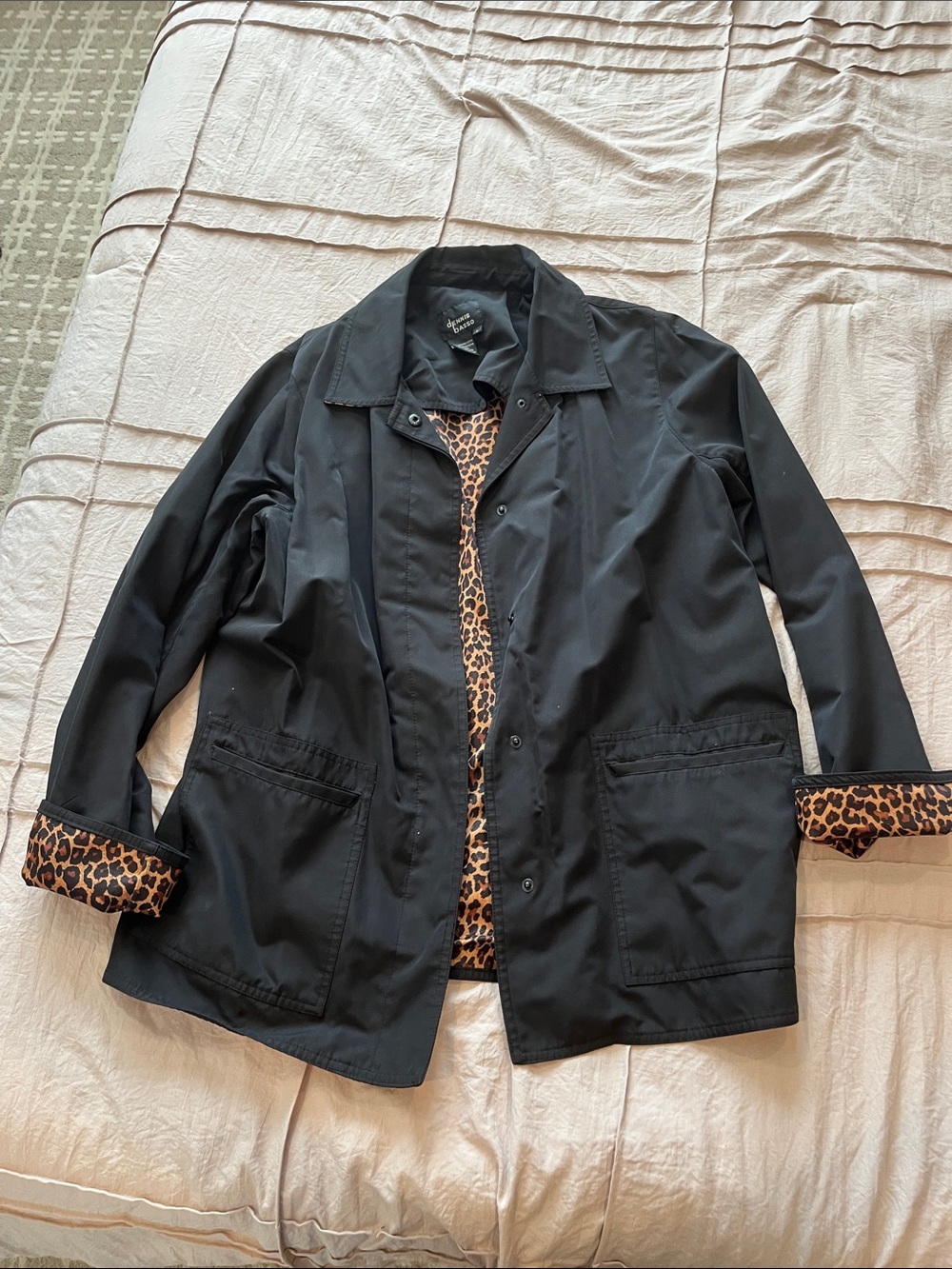 dennis basso Black Trench Coat with Leopard-Print Lining
